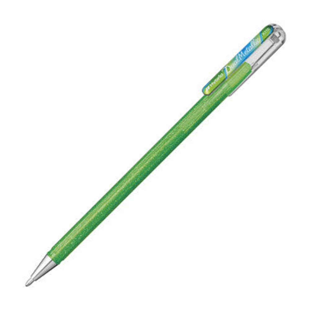 Pluma de gel Pentel Dual Metallic verde con azul y rojo metálico