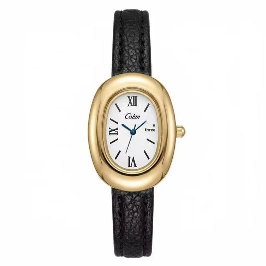 Reloj clásico dorado con correa negra
